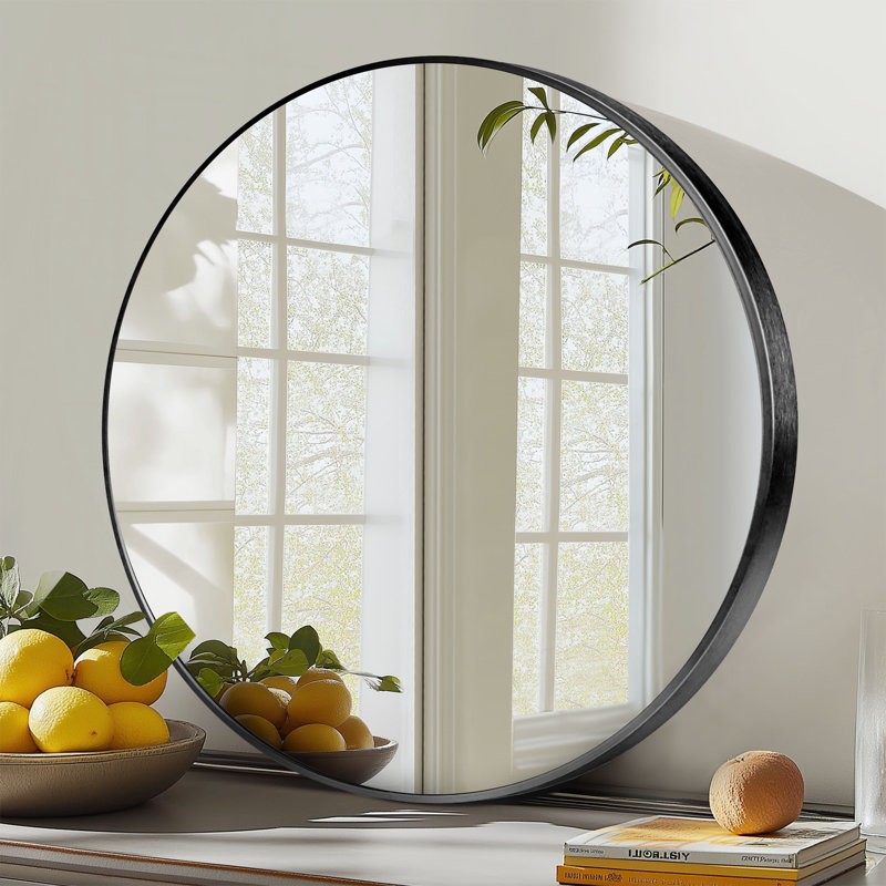 Miroir mural rond en métal, Noir, noir, noir, noir, 20 po x 20 po