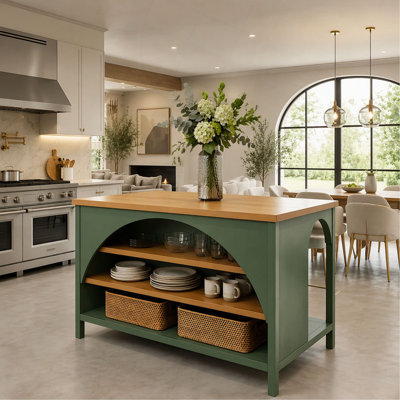 56" Farmhouse Kitchen Island with Open Storage, Rubber Wood Kitchen Cart with Arch Detail and  Top,