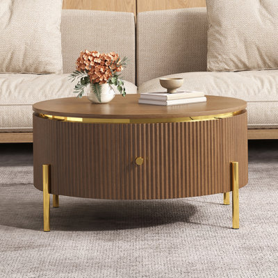Table basse ronde moderne avec 2 grands tiroirs de rangement, brun, 31,5 po