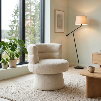 Studio Upholstered Low Back Parsons Dining Chair Boucle White, Metal Frame, Rotatable, 47cm Seating