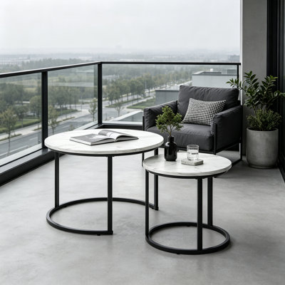 Ensemble de 2 tables basses rondes gigognes, table d'appoint effet marbre avec pattes réglables pour l'intérieur et l'extérieur
