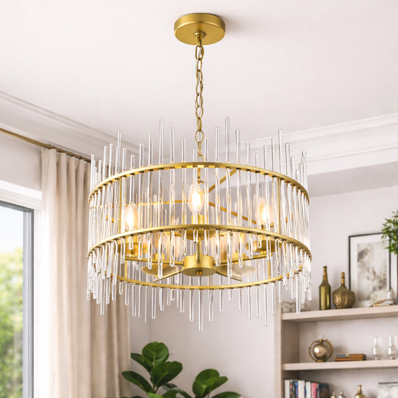 Lustre tambour en verre 5 lumières Eletto, Or