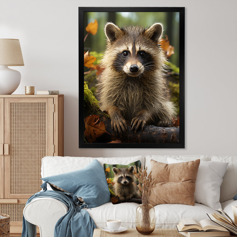 Vibrant Raccoon Portrait III - art mural de raton laveur pour le salon, H 20 po x l 12 po x P 1 po, Cadre simple noir
