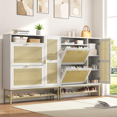Armoire à chaussures en rotin avec 3 tiroirs rabattables, range-chaussures autoportant avec tablettes réglables