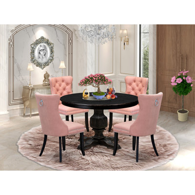 5 Piece Dining Set for 4 Includes a 48" Round Table with Pedestal and 4 Beige Red Polyester Fabric Upholstered Chairs, Sand Blasted Black