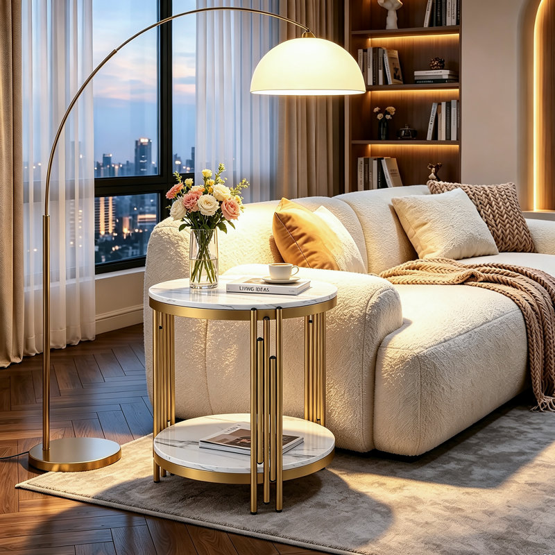 2 Tier Faux Marble End Table with Storage Shelf, Modern Side Table for Living Room, Bedroom