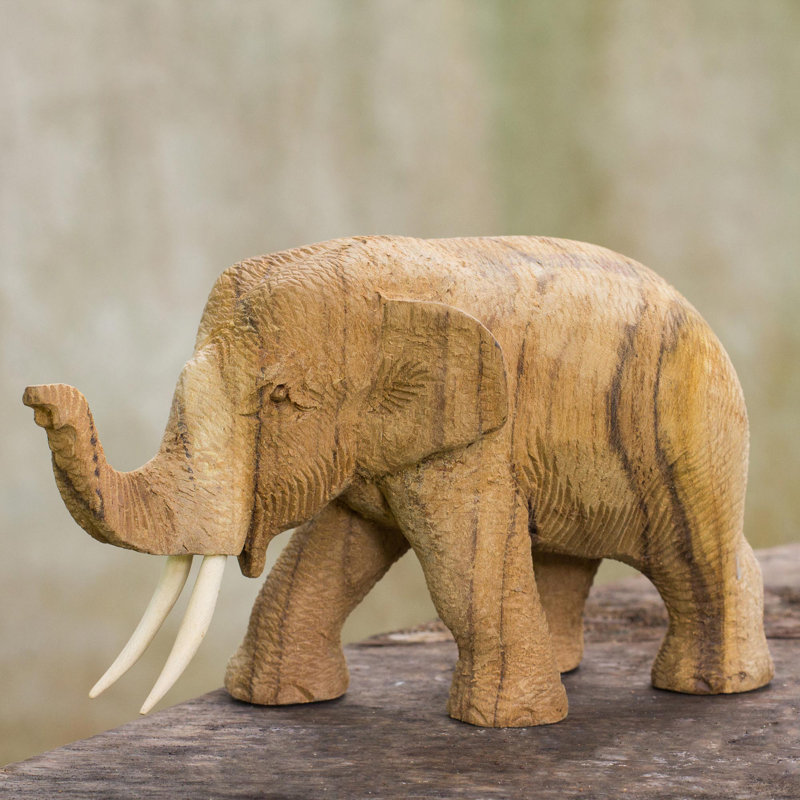 Arbre de pluie fait à la main et figurine éléphant en bois ivoire O'Connor