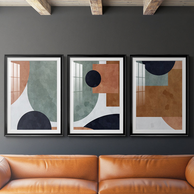 «Abstract of Shapes I» - Impression sur mesure encadrée de qualité supérieure - 3 pièces, H 27 po x l 57 po, Noir