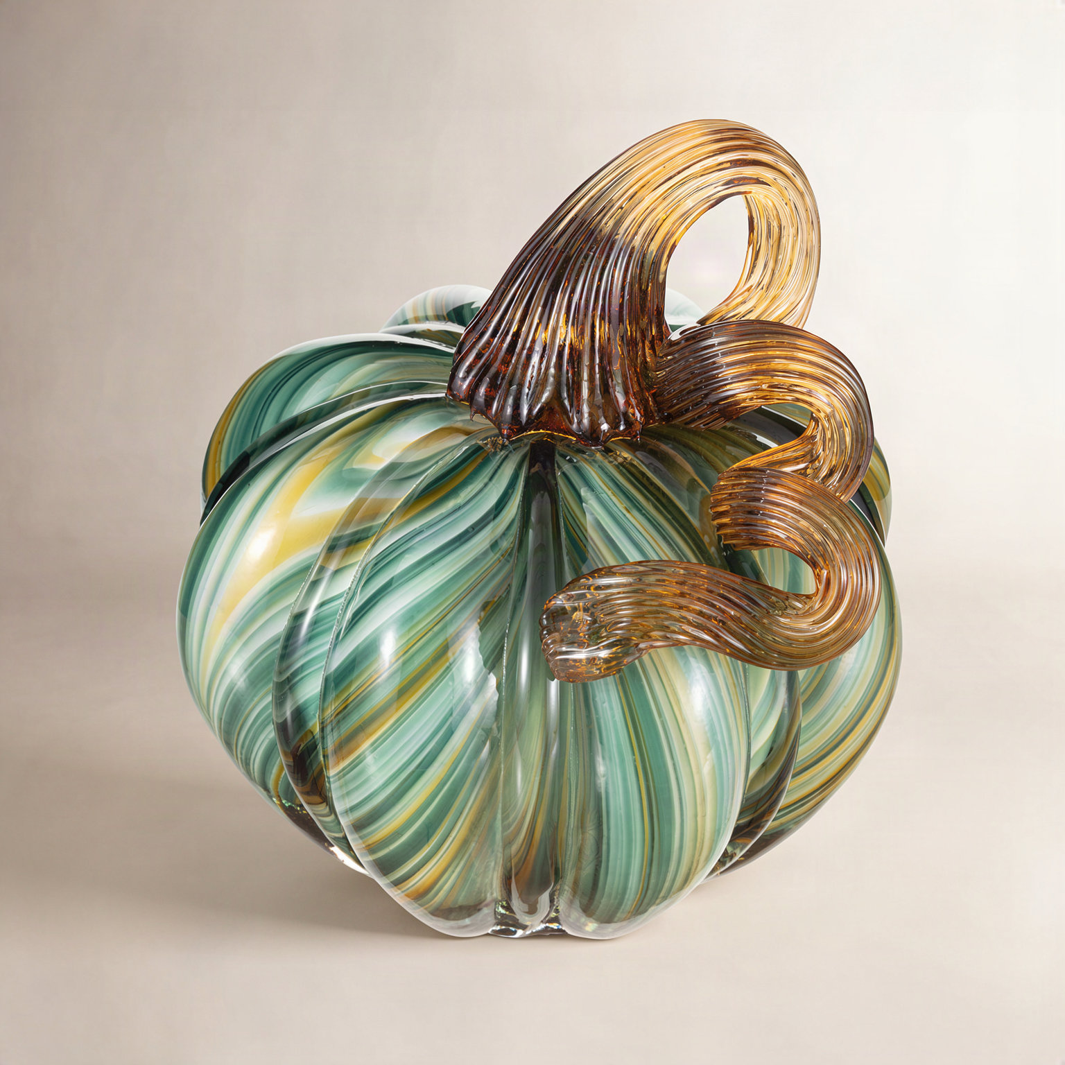 4.5"D X 4.75"H Multi Green Striped Glass Short Pumpkin, Green