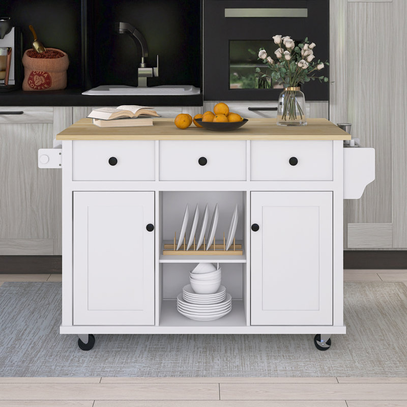53.1" Rubber Wood Drop-Leaf Countertop Kitchen Cart With 5 Wheels With Storage Cabinet And 3 Drawers, White