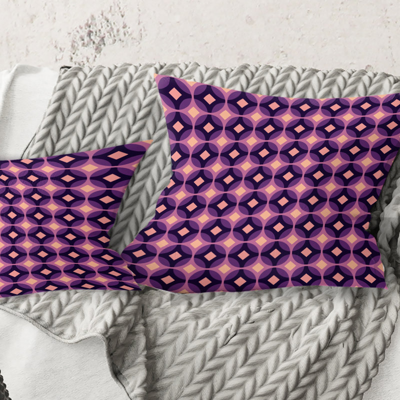 Coussin décoratif rétro imprimé mauve et jaune Mid-Century, 18 po x 18 po
