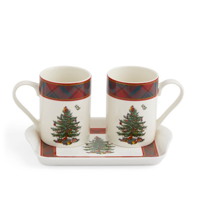 Spode Pimpernel Christmas Tree 3pc Mug & Tray St Tartan In White;green;red