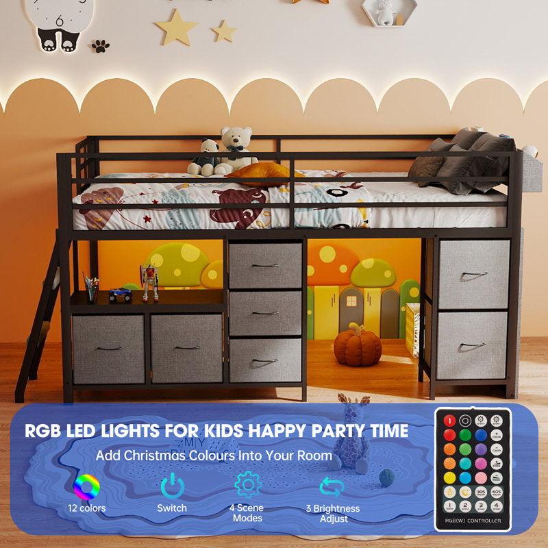 Twin Low Loft Bed with 7 Storage Drawers and RGB LED Lights,Metal Kids Loft Bed with Bookcase and 14" H Safety Guardrail,Inclined Ladder and Under-Bed Play Space,Gray