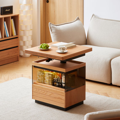 Table basse scandinave à plateau relevable en bois de cerisier massif avec rangement en verre, tiroirs et roulettes
