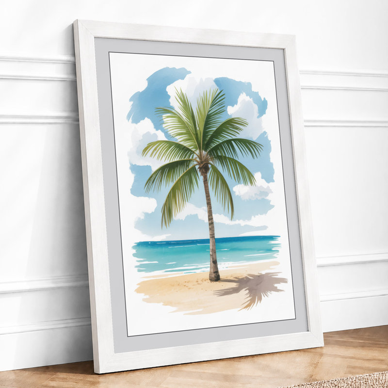 Solitary Palm Coastal - Framed Print, A2 - 59.4 x 42.0 cm, White