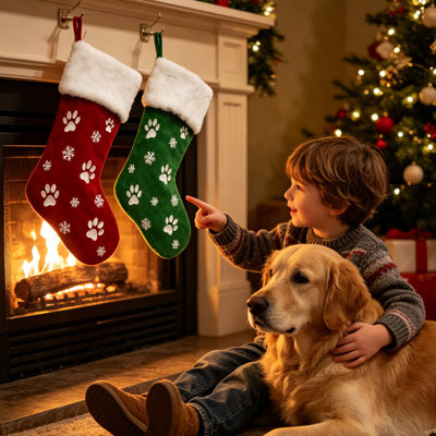 2 Pack 18" Christmas Stockings – Burlap with Large Plush Cuff, Pet Footprint Embroidery, Holiday Stockings for Fireplace Mantel, Xmas Party Decor, Family Gift Filler