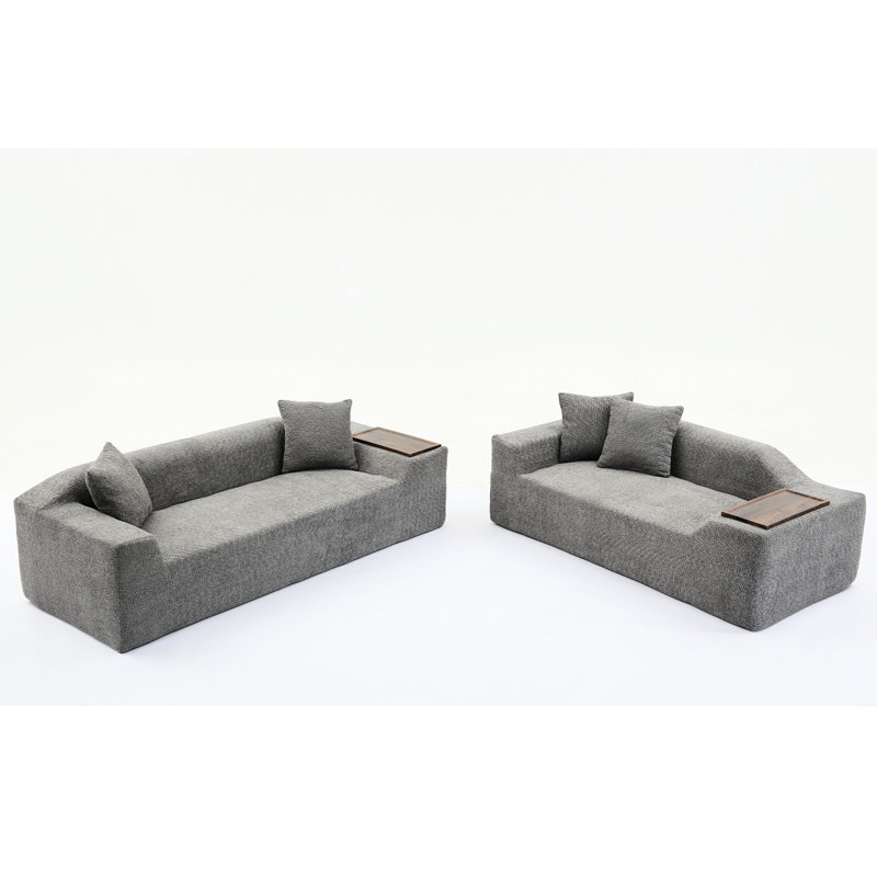 Tissu bouclé gris foncé - 3 places et 2 places avec coussins, table de bout, pièce confortable et confort élégant, Gris