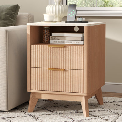 Charvi 18’’W 2-Drawer Fluted Nightstand with Charging Station and Storage, Faux Marble Top