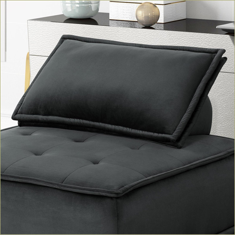 Canapé modulaire en velours noir capitonné 3 pièces 80 po avec repose-pieds | Noir | Velours, H 29 po x l 80 po x P 80 po
