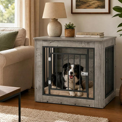 Mobilier de cage pour chien, chenil de table de bout en bois pour chiens de taille moyenne avec barres métalliques résistantes au mâchonnage et surface supérieure de 80 lb, cage intérieure décorative pour animal de compagnie