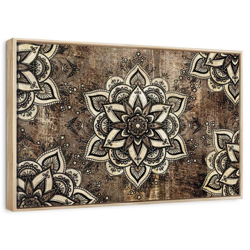 Floral Geometric Mandalas, Floating Frame Natural Wood, 43" X 29"