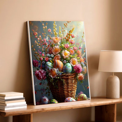 Easter Basket Eggs Spring Flowers Cottage Canvas Wall Art Print, Floral Painting Decorative Artwork For Living Room, Bedroom, Hallway, Entryway, And Gallery Wall Decor, Modern Home Accent
