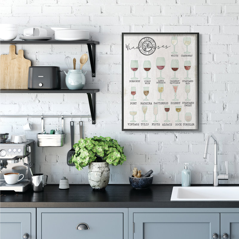 «Wine Glasses Chart Infographie Kitchen Home Design», impression, H 20 po x l 16 po, Giclée encadrée noir minuit