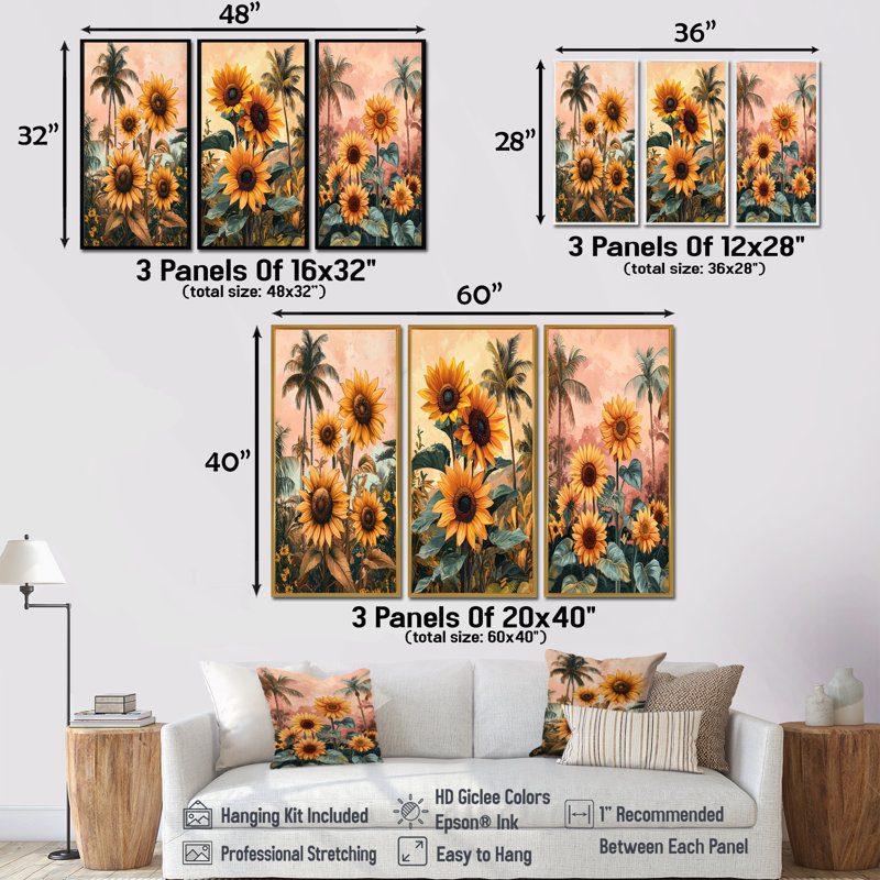 Champ de tournesols tropicaux dans le sud I - Collection d'art mural de tournesols, Argent argent, H 28 po x l 36 po