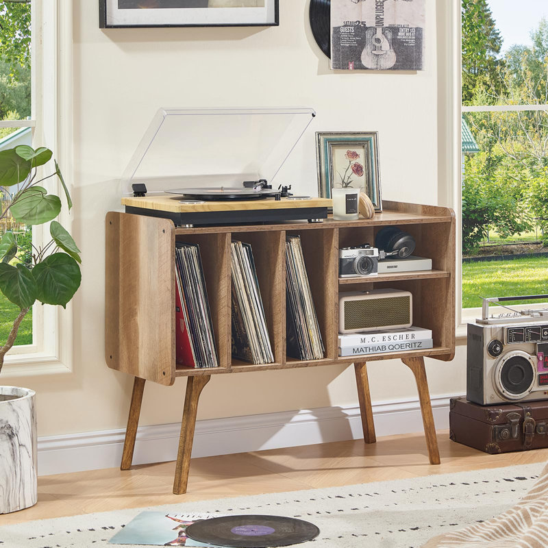Record Player Stand with 4 Cabinet Holds Up to 220 Albums, Large Turntable Stand with Beech Wood Legs, Mid-Century Record Player Table (Oak)