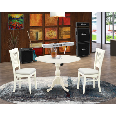 L'ensemble de table de salle à manger 3 pièces pour petits espaces comprend une table de salle à manger ronde avec Dropleaf et 2 chaises en tissu de lin, blanc lin