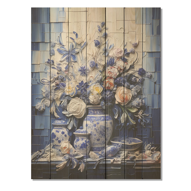 Fleur de bohème bleue et blanche III - poterie bohème sur bois, H 44 po x l 34 po