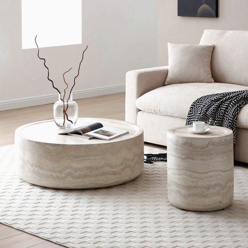 Set Of 2 Faux MARS Pattern Coffee Tables Side Table Round Tea Faux Travertine Textured  Table For Living Room, No Need Assembly.