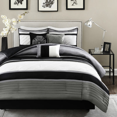 King Comforter In Grey, 7 Pieces, Details For A Classic Look, Size Bedding With Filling, Washable