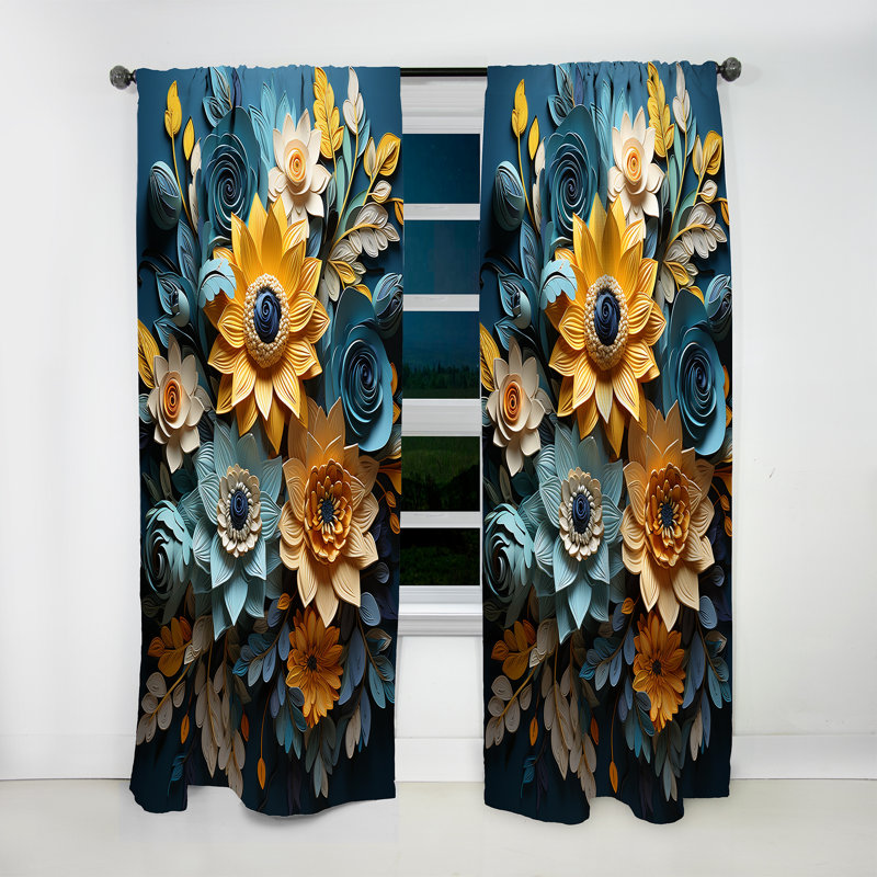 Pretrice abstrait bleu et beige tournesols I - Rideau traditionnel - Velours obscurcissant - 1 panneau, L 52 po x L 90 po