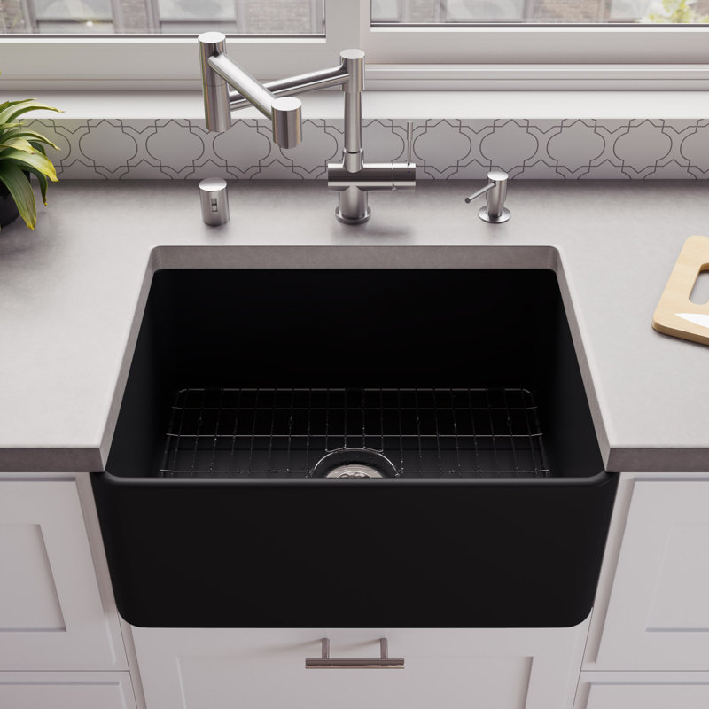 24'' L Single Bowl Fireclay Kitchen Sink, Black Matte