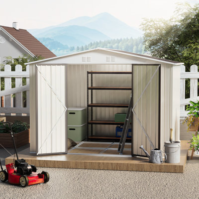Abri de jardin 10 pi x 8 pi blanc crème avec cadre en alliage d'aluminium, porte à charnière, fondation et ventilation pour le rangement de gros outils dans un bâtiment de pièce de construction, porte à cadre