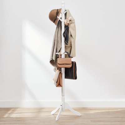 10-Hook Solid Wood Coat Rack Stand, Freestanding Entryway Coat Tree For Hats, Bags, Purses & Jackets, Hallway Organizer(White)