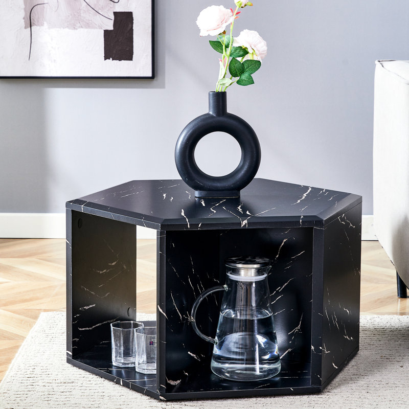 Table basse hexagonale avec aspect marbre noir, rangement multi-trous, design épuré et moderne, options de couleurs disponibles