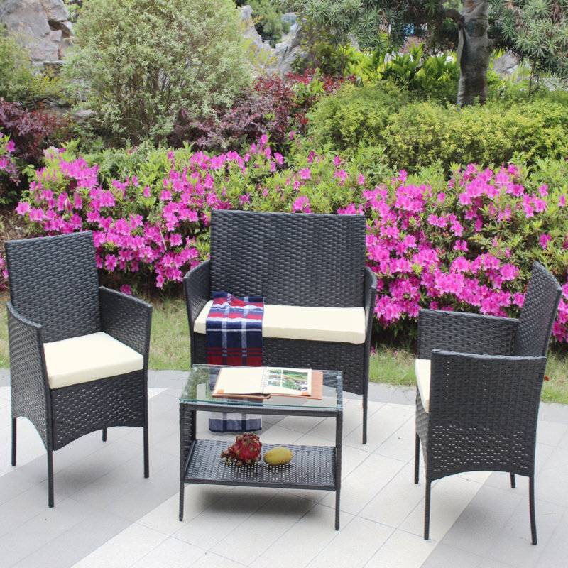 4 Piece Wicker Seating Group With Cushions, Beige