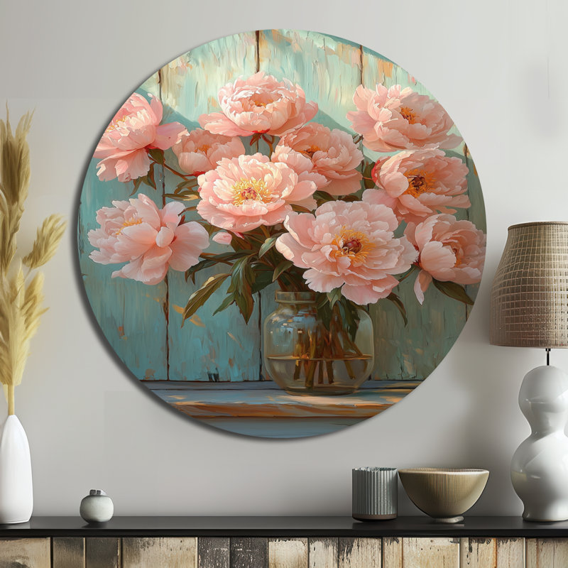 Pinson - reproduction d'art traditionnelle rose en métal, pivoines rondes, art mural en métal, H 23 po x l 23 po