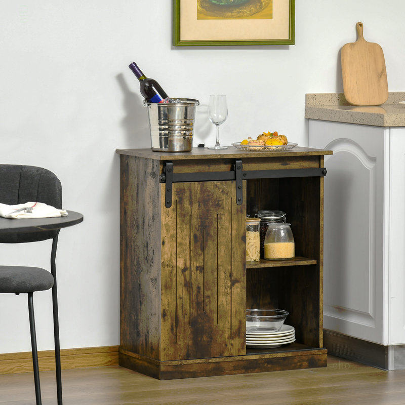 Industrial Wine Cabinet, Sideboard Storage Cabinet, Serving Bar Buffet With Sliding Barn Door And 6-Bottle Wine Rack