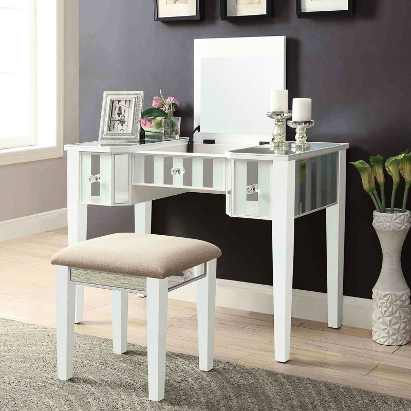 Tabouret de coiffeuse 1 pièce blanc transitionnel en bois massif avec 3 tiroirs de rangement et miroir central de 5 mm
