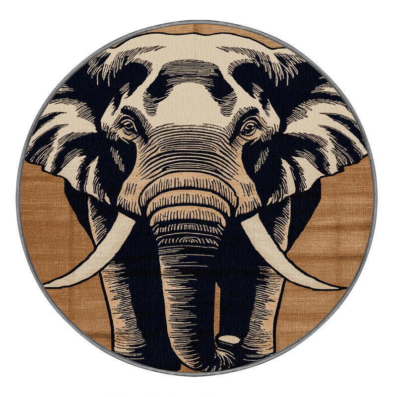 Tapis à motif d'éléphants asiatiques lavables , Rond 4 pi