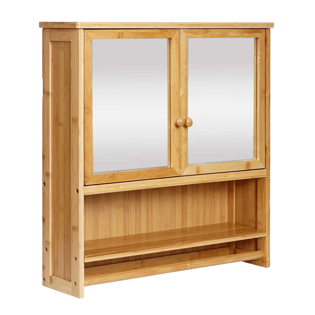 Spiegelschrank HWC-B18, Badspiegelschrank Hängeschrank, 3 Regalböden 2 Türen Spiegel Bambus 62X66x15cm