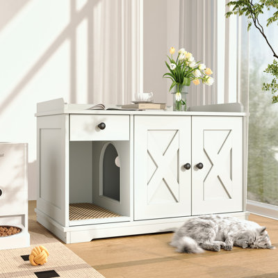 Enceinte de litière pour chat avec tapis de litière pour chat et table d'appoint avec tiroir de rangement