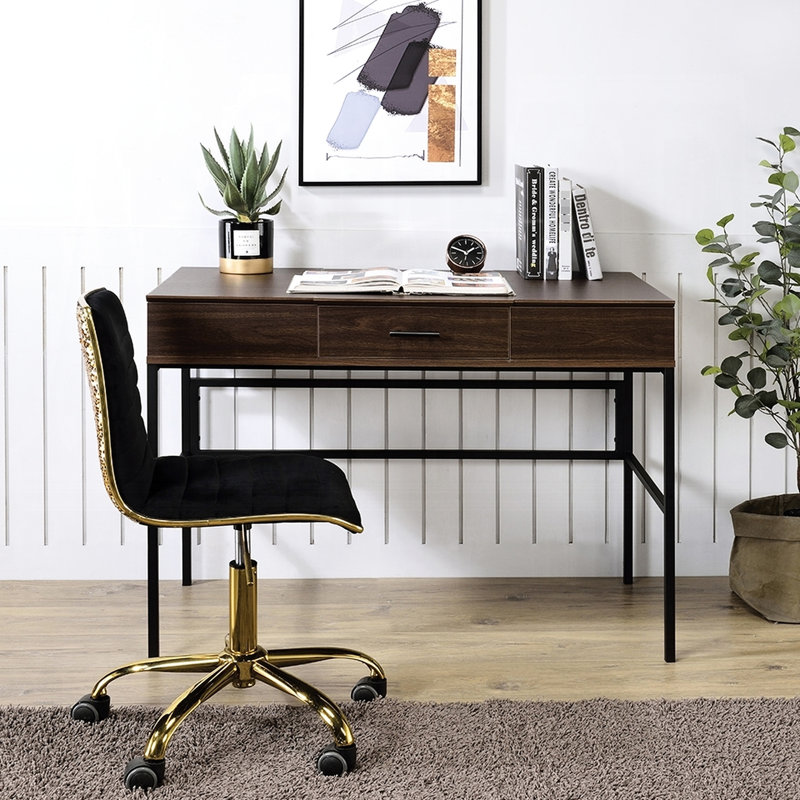 Oak And Black Workstation Desk With Functional Drawer 22-inch Deep Office Storage