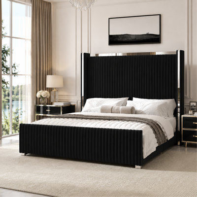Cadre de lit plateforme recouvert de velours avec tête de lit de 150 cm de hauteur, garniture argentée électroplaquée, aucun sommier requis