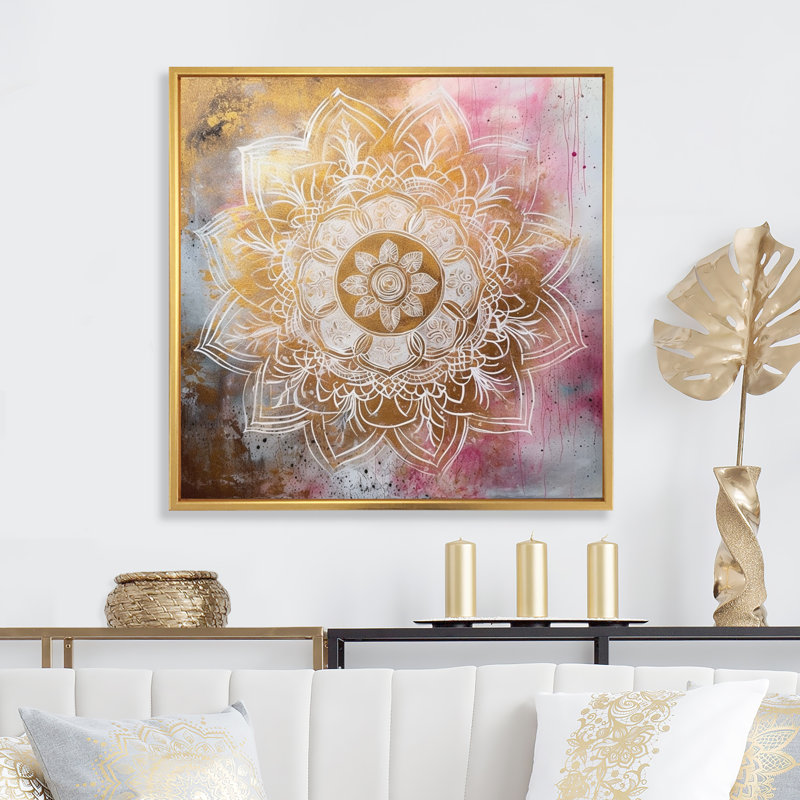 Mandala doré rose I - impression, H 16 po x l 16 po x P 1 po, Cadre flottant doré