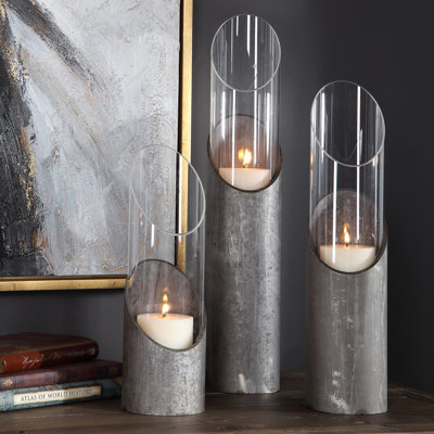 Set of 3 22 " Glass and Iron Candlestick with Candle Included