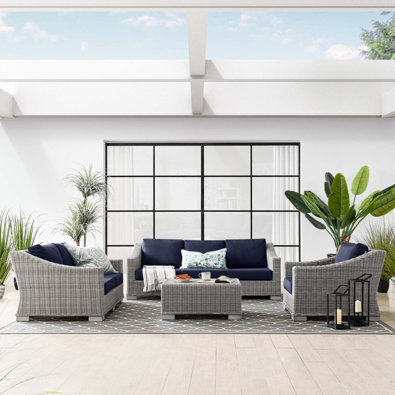 Modway Conway 4-Piece Outdoor Patio Wicker Rattan Furniture Set, Navy